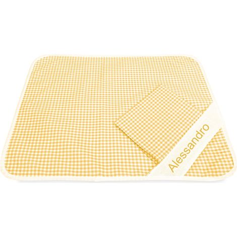 Set de table et serviette de table maternelle brodé et personnalisé en carrés Jaune