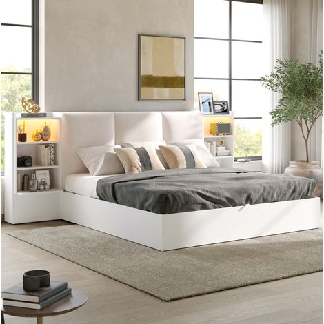 Lit coffre 180x200 cm en MDF et panneaux de bois blanc, gain de place pour chambre FloraGrace (1/5)