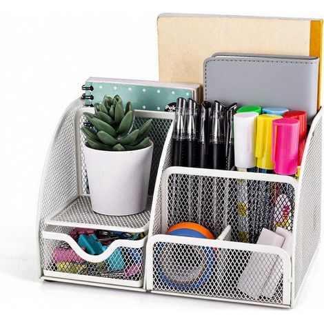 Schreibtischorganizer mit Stifthaltern – 6 Fächer Schreibtisch-Aufbewahrung aus Netzmetall, platzsparender Büroorganizer für Stifte, Scheren & Zubehör, 24 x 14 x 12,5 cm (1/5)