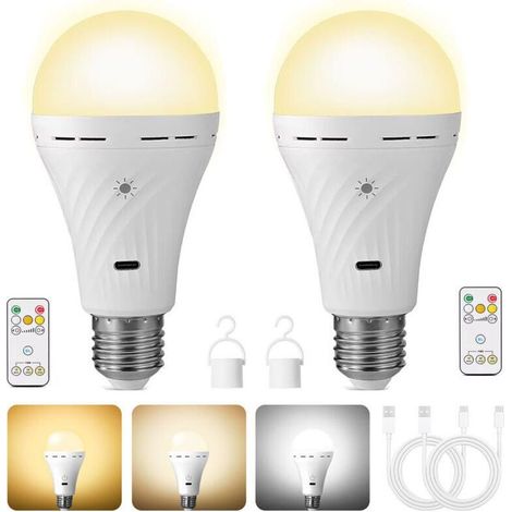 Ampoule rechargeable USB avec télécommande, batterie 2200mAh, variateur à 3 niveaux et minuterie, culot E27,trois températures de couleur, ampoule LED (1/4)