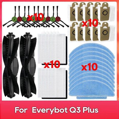 Ersatzteile und Zubehör für Everybot Q3 / Q3 Plus: Hauptbürste, HEPA-Filter, Reinigungstuch, Staub.