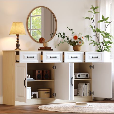 Sideboard mit 4 Schubladen und 4 Türen, 160 cm, MDF, Weiß und Naturholz (1/5)