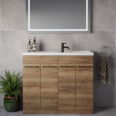Napoli 250 Tobacco Oak 1000mm 4 Door Vanity Unit with Square Silvo Basin - 1000mm - Matt Black 160mm Handle