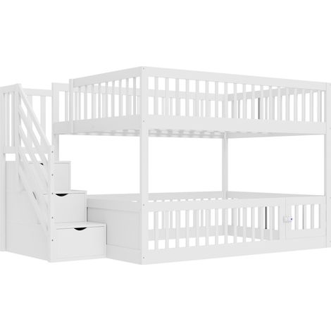 Lit superposé 140 x 200 cm pour enfant avec escalier de sécurité et tiroirs, lit simple en bois blanc avec lit de rangement pour enfants et adolescents