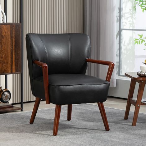 Poltrona imbottita nera con braccioli, gambe in legno e rivestimento in similpelle,67x77x80 cm (1/5)