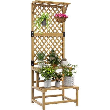 Support plantes intérieur porte plante intérieure à deux niveaux avec treillis 60 x 50 x 166 cm en bois massif jaune (1/3)