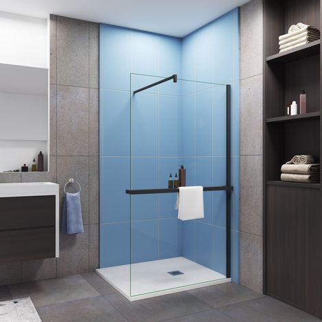 Paroi de douche à l'italienne 80x200cm installé avec une barre de fixation carré en 90cm,livré avec étagère de douche noir