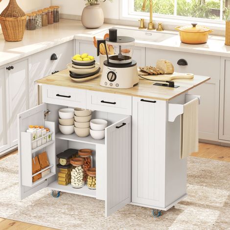 Îlot central cuisine mobile avec prise de courant et port USB. tablette à abattant. étagère réglable blanc