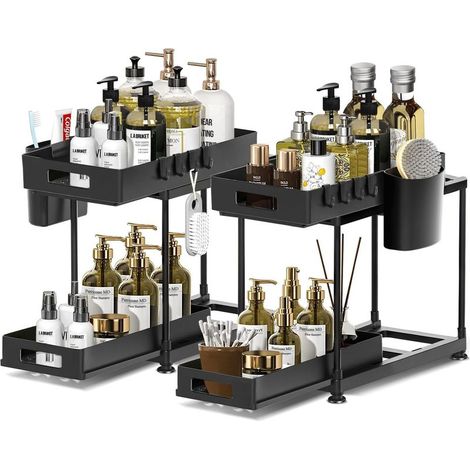 Étagère coulissante double pour évier - Métal noir, rangement sous évier gain de place, design antidérapant moderne pour cuisine organisée et pratique