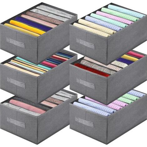 6 Pcs Organisateur Armoire Vetement, Pliable Boite de Rangement Vetement Dressing, Organisateur Dressing avec Poignée, Rangement Sous Vetement, Rangement Pantalon Jean (7 Compartiments)