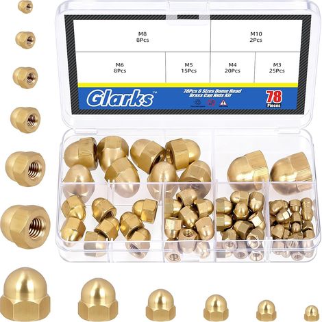 78pcs M3/M4/M5/M6/M8/M10 Kit d'écrous de bouchon de glaçon en laiton, Écrous à dôme hexagonal, Écrou à tête de dôme de bouchon de glaçon, Écrou à couronne à dôme pour protéger les boulons (1/5)