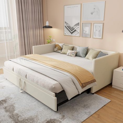 Lit gigogne 90/180 x 200 cm Extensible avec Sommier à Lattes, Velours et MDF, Beige