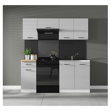 Cuisine complète 180 cm,Ensemble de meuble de cuisine coloris gris clair brillant, sans plan de travail (1/4)