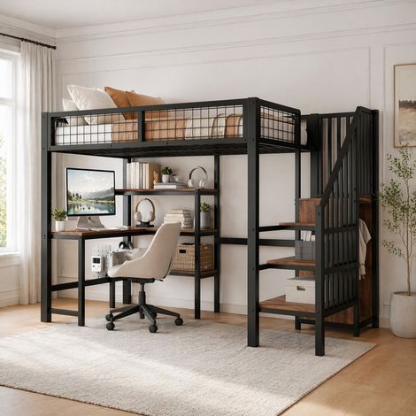 Cama alta 90x200 cm con escritorio, estanterías y armario, estructura de metal y MDF, diseño moderno en negro y marrón, sin colchón  CHICFURN (1/5)