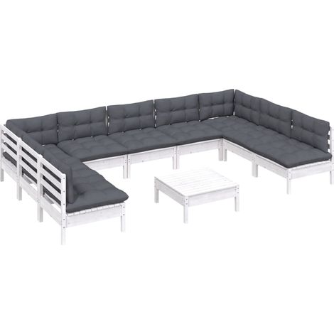 vidaXL Set Divani da Giardino 10 pz con Cuscini Bianchi Legno di Pino (1/4)
