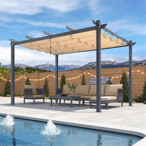 PURPLE LEAF Pergola Jardin Extérieure Rétractable en Aluminium, Cadre Gris Foncé, avec Double Auvent Pare-soleil, 4 x 3 m,Beige