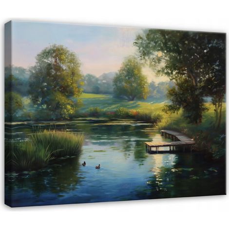 Leinwandbild Wald und See, Natur Landschaft mit Bäumen für Schlafzimmer, Wohnzimmer und Küche, hochauflösender Druck, 40 x 30 cm
