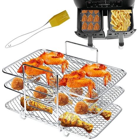 Compatible avec les friteuses à air chaud Ninja DZ201, DZ401 et PowerXL à 2 paniers. Accessoires inclus : grille pour friteuse à air chaud à double panier et grille-pain en acier inoxydable 304. (1/4)