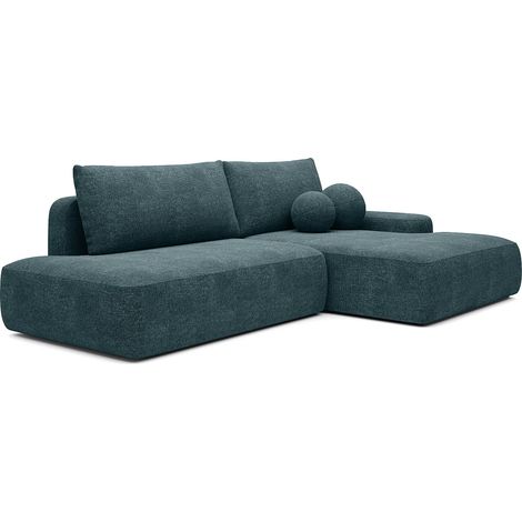 Divano letto angolare destro aperto in tessuto testurizzato blu - DAVISO (1/5)