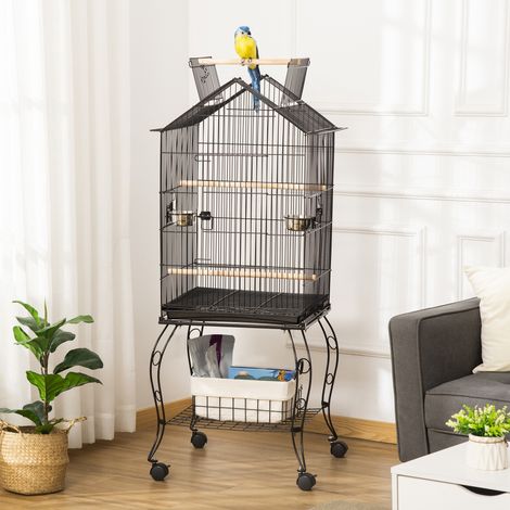 PawHut Vogelkäfig mit Ständer, Rollen, herausnehmbarer Schale und Futtertrögen für Kanarienvögel und Wellensittiche, 50 x 58 x 137–145 cm, Schwarz