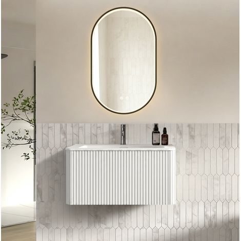 Set mobile bagno sospeso 81 cm con lavabo integrato e specchio LED 50 x 80 cm bianco (1/5)