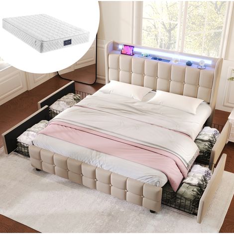 Bett Doppelbett Stauraum 160x200 mit LED Beige OKMYHOME (1/5)