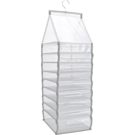 Organisateur de placard suspendu à 9 niveaux, robuste, peu encombrant et lavable, avec panneau de renfort pour vêtements, bordure grise. (1/5)