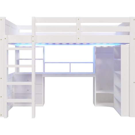 Letto a soppalco bambini 140x200 cm bianco con LED, scrivania, armadio e ripiani, senza materasso (1/5)
