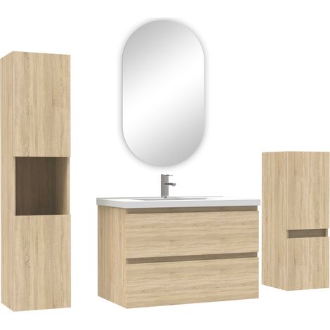 Ocean ensemble meubles Salle de Bain 80cm simple vasque + colonne + miroir ovale mural Chêne Wotan