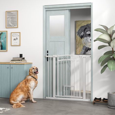 Porta per cani con larghezza regolabile 76-104 cm, 2 estensioni, doppio sistema di chiusura e sportello piccolo, bianca (1/5)
