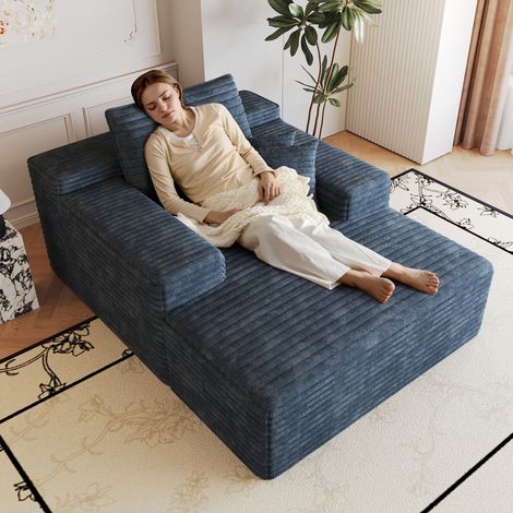 Canapé Convertible 1 places en velours côtelé bleu, Canapé d'Angle Moderne ouverture express avec chaiselongue, assise profonde, boneless modulaire, montage non requis, sans armature (1/5)