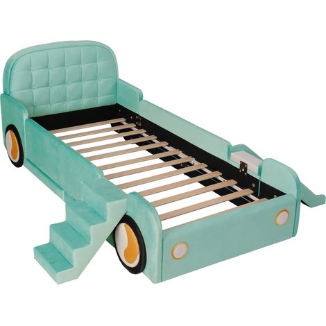Cama infantil en forma de coche con tobogán y escalera 90 x 200 cm azul verdoso HOMVRA (1/5)
