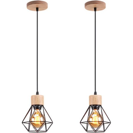 royaluxe- (2PCS)Suspension Luminaire Rétro Lampe À Suspension Vintage Noir, Plafonnier D'Intérieur Moderne En Métal Et En Bois (1/5)
