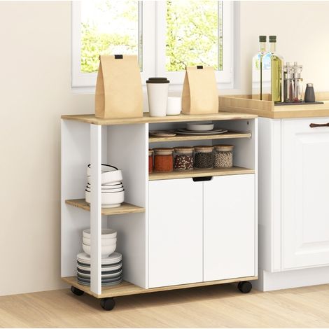 Chariot de cuisine 80/40/82 cm en bois naturel et blanc avec étagère réglable et roulettes (1/5)
