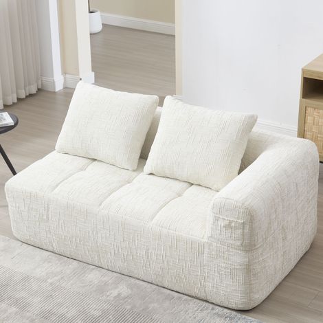 Bequemes Sofa für 2 Personen, kein Zusammenbau erforderlich, flauschiges Sofa mit einem Kissen, Seitentaschen für Fernbedienung und Handy, ordentlich und stilvoll, Beige