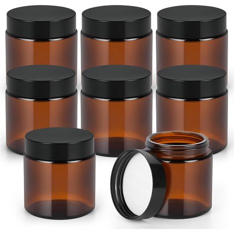 Bocaux ronds en verre ambré de 120 ml avec couvercles noirs (lot de 8) - Bouchons en verre pour la fabrication de bougies - Mini-récipients pour cosmétiques, lotions et maquillage - Bocaux en verre av (1/5)