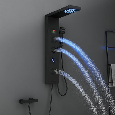 Panneau de douche sans robinet, panneau de douche 6 fonctions avec affichage LED de la température, douche à effet pluie, douche à brouillard, buses de massage, douchette à main et bec de (1/5)
