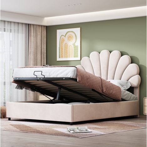 MEUBLIV Cama 140x200 cm beige – cabecero floral, almacenamiento hidráulico, sin colchón (1/5)