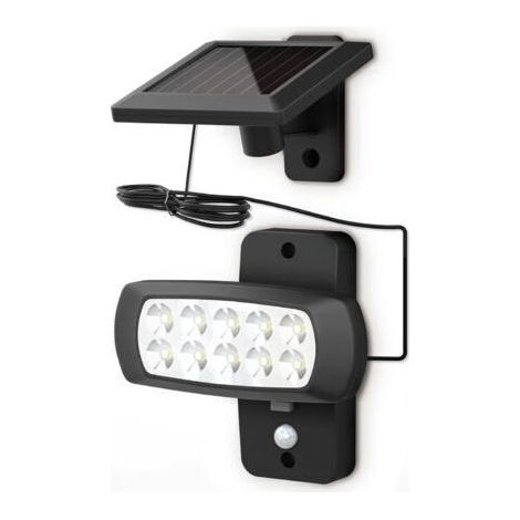 Lampe solaire LED extérieur IP44, détecteur de mouvements PIR, projecteur mural maison terrasse balcon noir, protégé contre des éclaboussures, lumière blanche froide 6500K (1/5)
