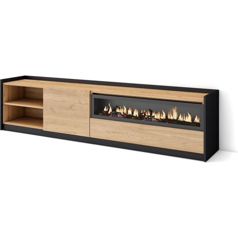 Skraut Home - Mueble TV, Televisión, 207x37x50cm, Para TV hasta 80", Chimenea eléctrica, Roble y negro (1/5)