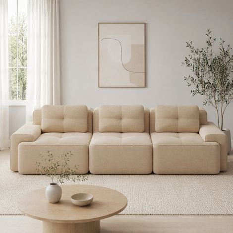 Divano modulare 293x104x69 cm in velluto a coste beige, salvaspazio per soggiorno FloraGrace (1/5)