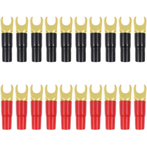 Lot de10 Paires Cuivre Or Plaqué Cosse Fourche Adaptateurs Haut- Parleur À Sertir Barrière Pique Connecteurs Bouchons (Rouge Et Noir) (1/5)