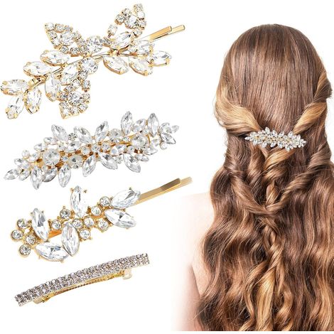 Lot de 4 accessoires pour cheveux en strass dorés, pinces brillantes pour mariée, accessoires pour cheveux de mariage pour femmes, décorations en épingles à cheveux en cristal pour cérémonies (1/5)