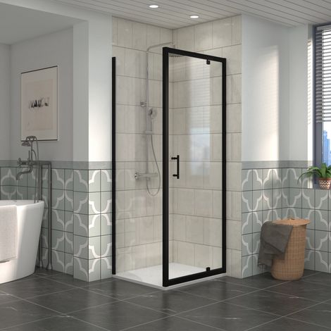 NRG Bathroom Pivot Shower Enclosure Black Framed + Side Panel, 800 x 900mm Reversible Screen with White SMC Rectangle Shower Tray (1/5)