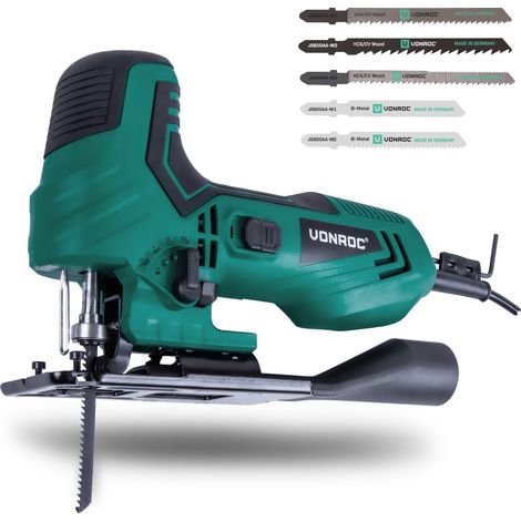 Scie sauteuse 550W avec poignée ergonomique canon. 5 Lames de scie incluses – Récupération de poussière – 4 positions pendulaires