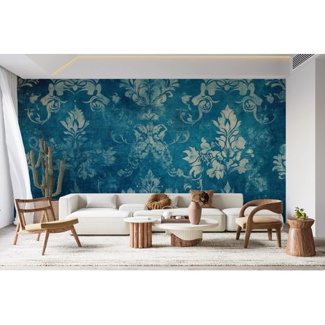 Papier peint baroque - damas floral bleu canard et blanc - 150 x 250 cm (1/2)