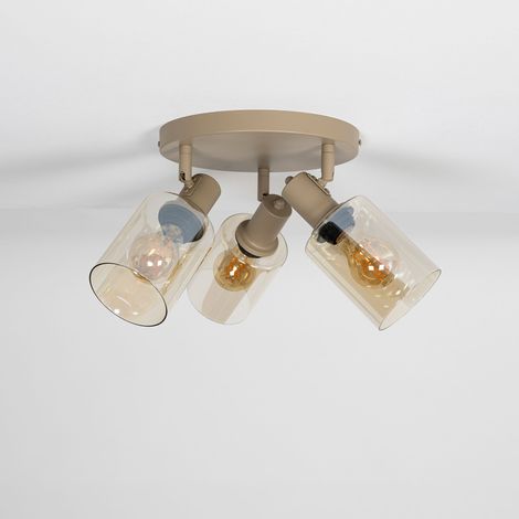Plafonnier 3 lampes cylindres 50x24 cm en verre ambré et beige - GRETA (1/5)