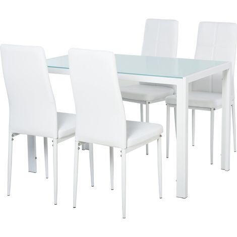 Set da Pranzo Tavolo con Piano in Vetro e 4 Sedie in Metallo e Similpelle Bianco (1/5)