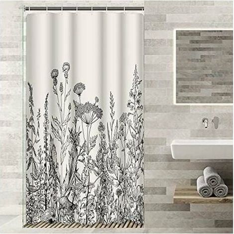 INHHUB 90 x 180cm Camper Stall Shower Curtain Floral Border Herbs and Wildflowers Botanical Vintage Engraving Black Waterproof Polyester Fabric Set with Hooks - INHHUB (1/5)