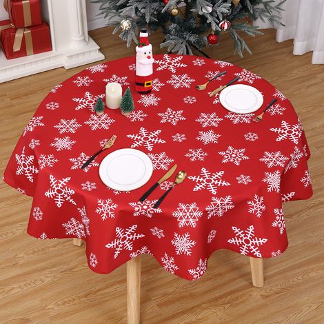 Nappe de Noël ronde imperméable et essuyable en polyester – Motif flocons de neige – Protège-table résistant – Pour cuisine, salle à manger, fêtes – rouille Ø 60" (Allemagne)